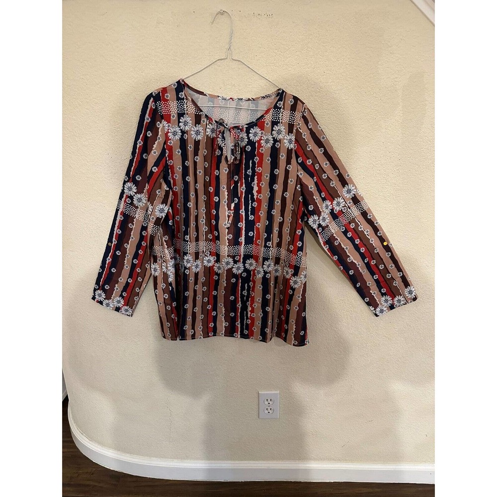 Emery Rose Multicolor Floral Print Tie Neck Blouse Size L (8/10)